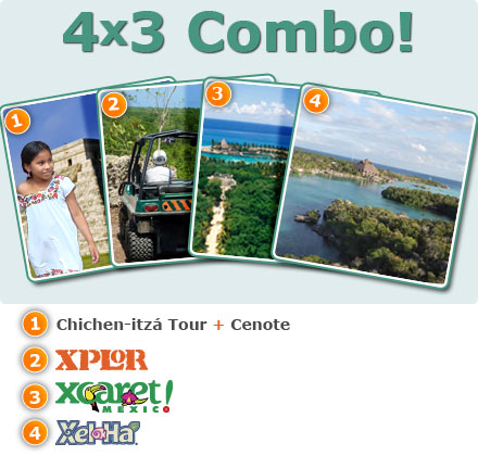 Combo 4 x3: Xplor + Xcaret Basic + Xelha All Inclusive + Chichen Itza