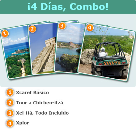 4 Day Combo: Xplor + Xcaret Basic + Xelha All Inclusive + Chichen Itza-Tour a Chich�n-Itz� + Cenote<br>S�lo Xel-Ha todo incluido<br>Tour Xcaret b�sico desde Canc�n<br>Tour Xplor<br>