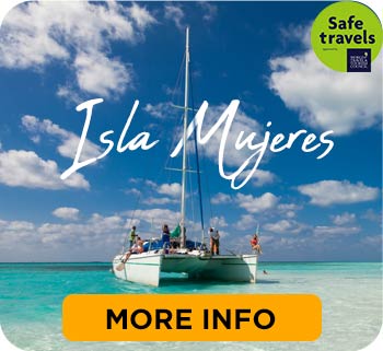 Catamaran sailing in turquoise sea of Isla Mujeres