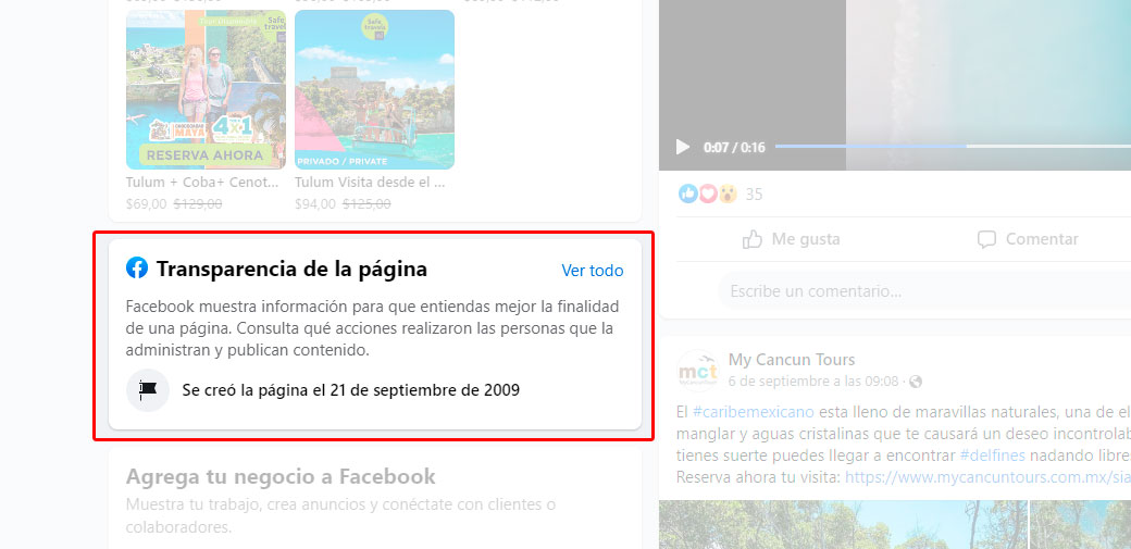 Transparencia de la página de facebook