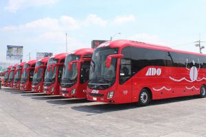 Flota de autobuses ADO de transporte publico en Cancún