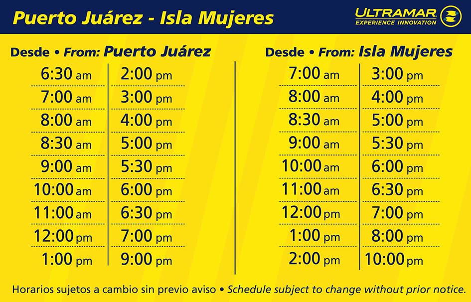 tabla de horarios de salidas y llegadas de ferrys para transportarse a isla mujeres